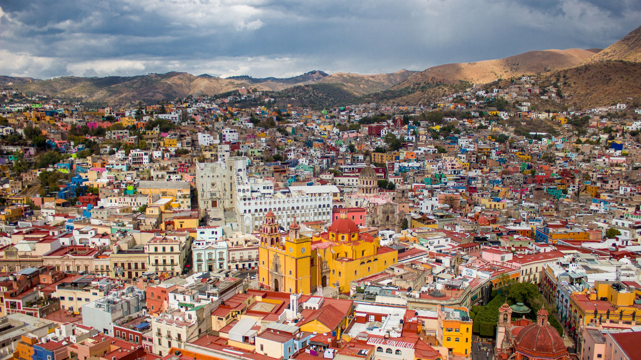 Guanajuato city with colorful buildings surrounded by mountains Mexico