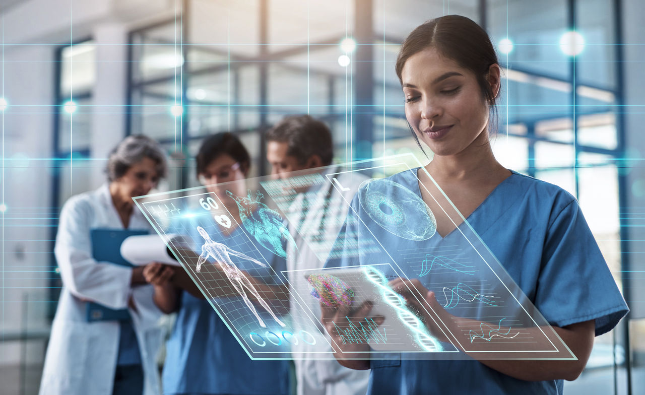 Doctor, woman and tablet in hospital with holographic ux for telehealth, medical innovation and dna study. Medic, mobile touchscreen for typing on app for data analysis, 3d hologram ui and research