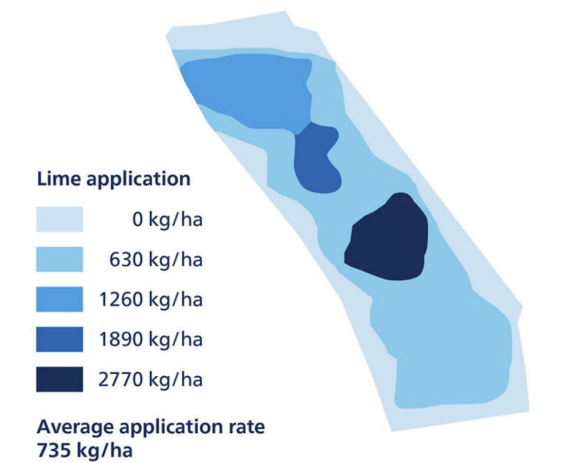 Figure 4. Variations in soil pH and texture require different lime rates for proper adjustment, which can be represented in a liming application map.
