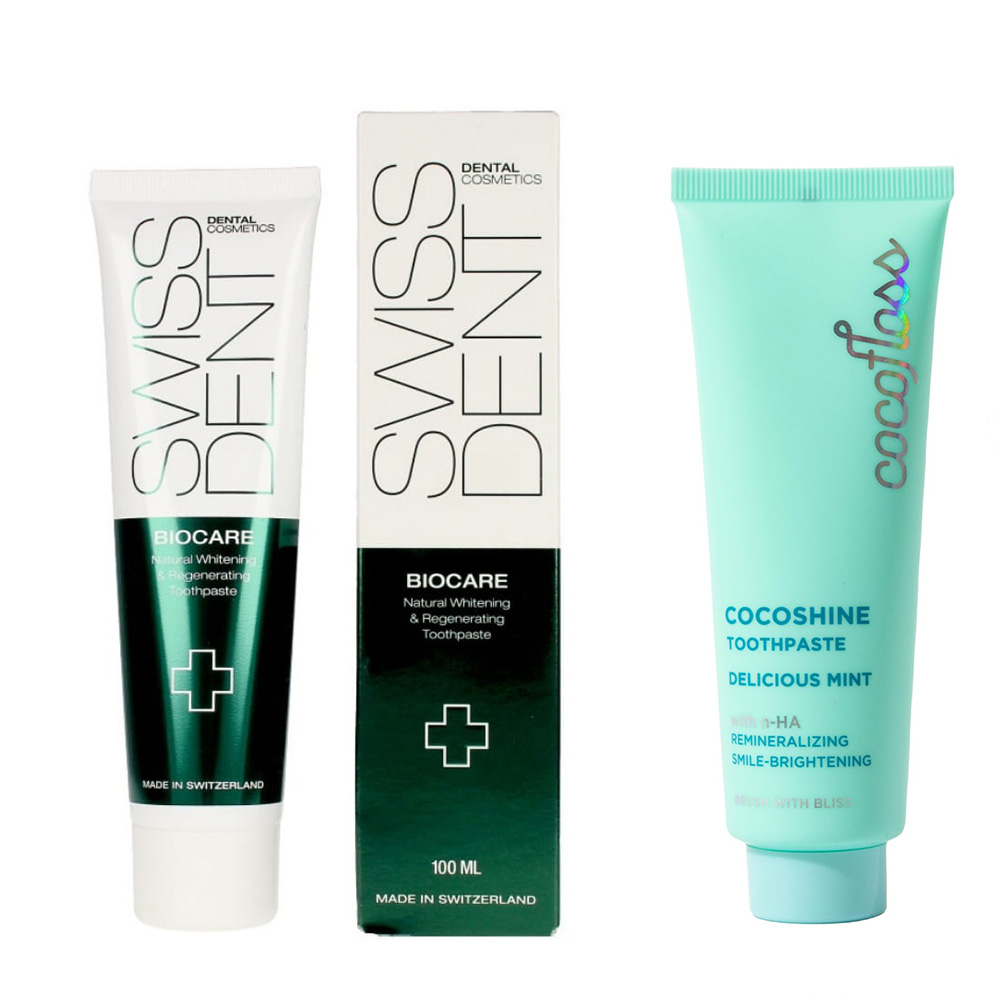 Figure 1. Examples of fluoride-free and clean-label positioning: Swissdent Biocare and Cocofloss Cocoshine (Mintel GNPD, 2026)